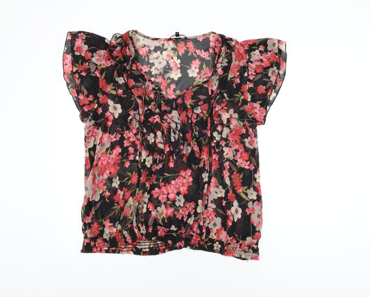 Debenhams Womens Black Floral Polyester Basic Blouse Size 18 V-Neck