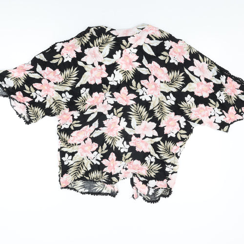 New Look Womens Black Floral Viscose Kimono T-Shirt Size 12 V-Neck