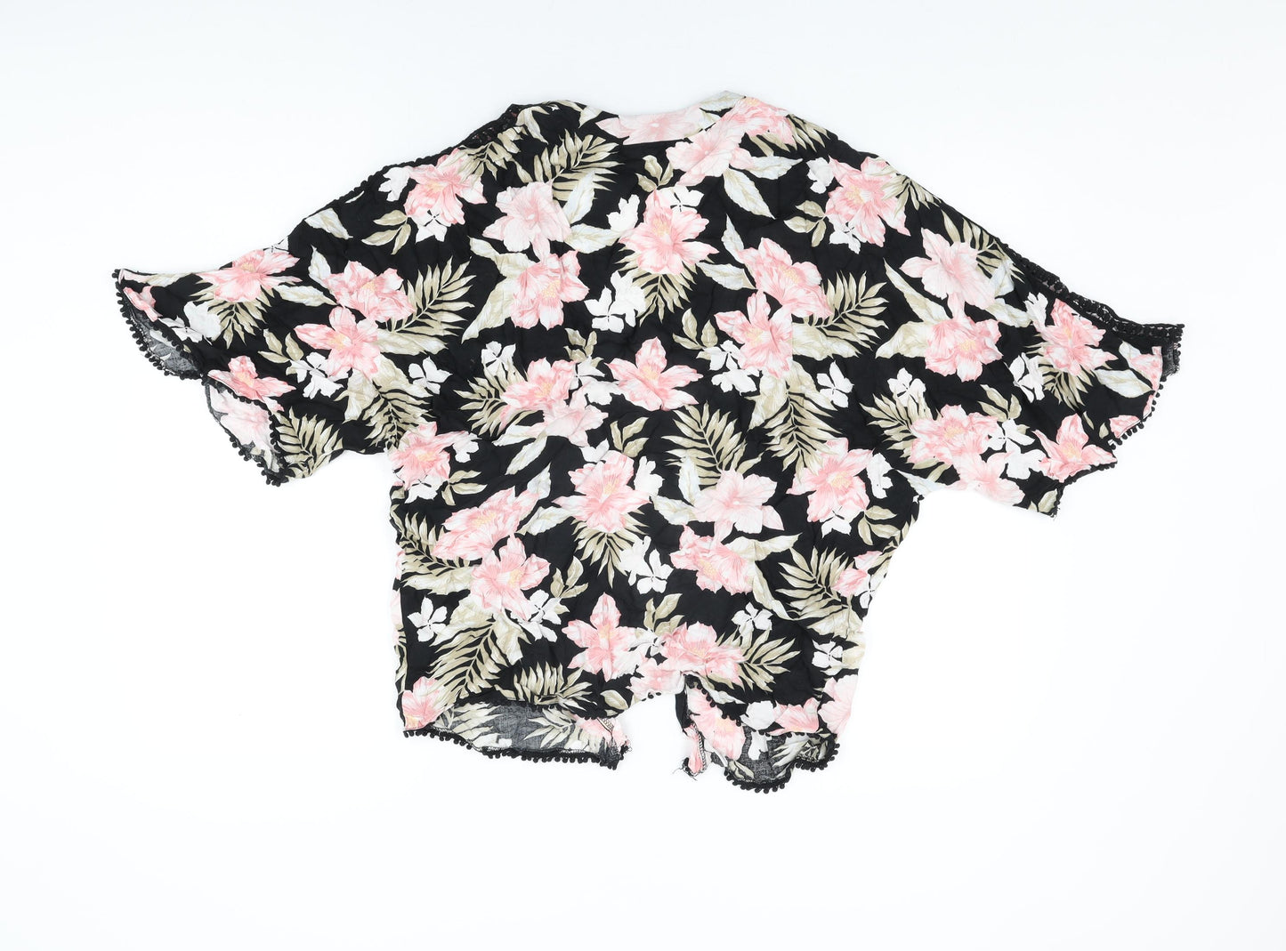 New Look Womens Black Floral Viscose Kimono T-Shirt Size 12 V-Neck