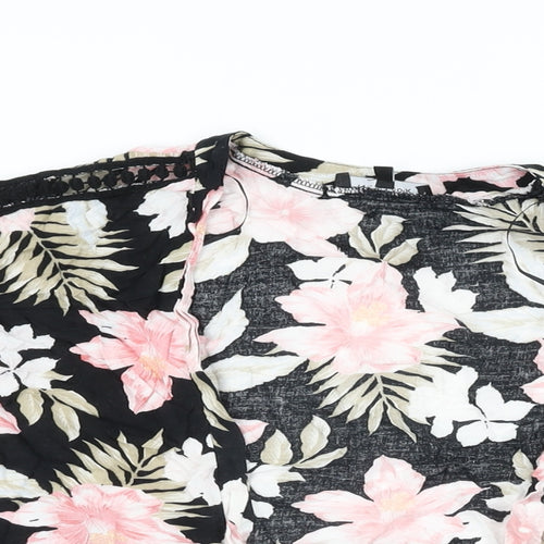 New Look Womens Black Floral Viscose Kimono T-Shirt Size 12 V-Neck