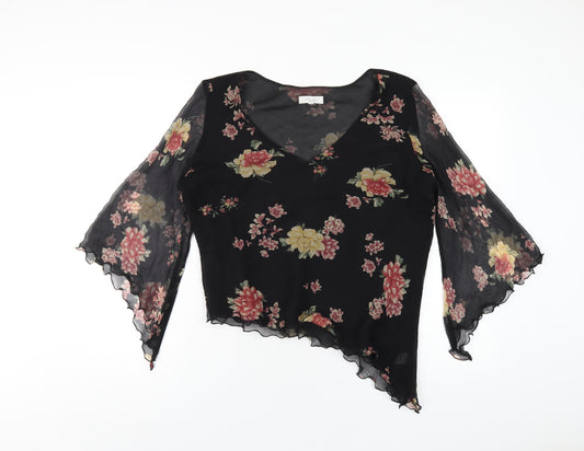 Jeff Banks Womens Black Floral Silk Basic Blouse Size 16 V-Neck