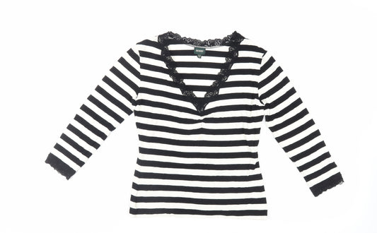 Hobbs Womens Black Striped Viscose Basic T-Shirt Size 12 V-Neck - Lace Trim