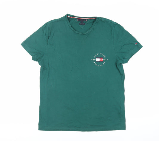 Tommy Hilfiger Mens Green Cotton T-Shirt Size L Crew Neck - Logo