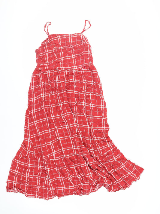 New Look Womens Red Plaid Viscose Slip Dress Size 12 Square Neck Pullover - Ruffle