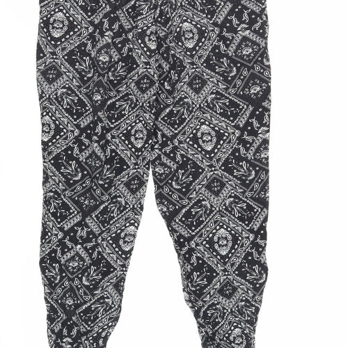 H&M Womens Black Paisley Viscose Trousers Size 12 L26 in Regular Drawstring - Elasticated Waist