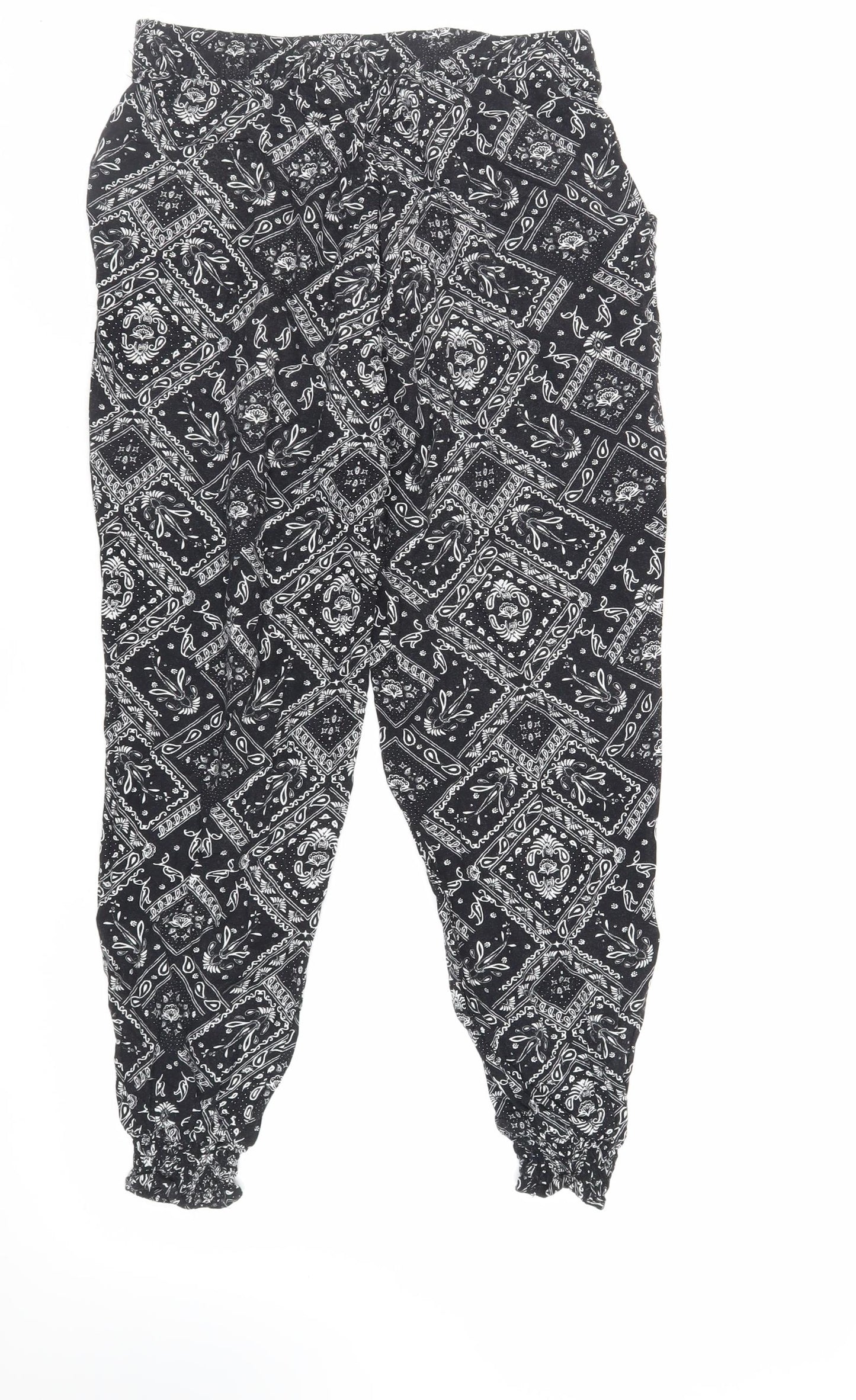 H&M Womens Black Paisley Viscose Trousers Size 12 L26 in Regular Drawstring - Elasticated Waist