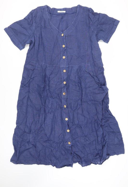 Woolovers Womens Blue Linen A-Line Size 18 V-Neck Button