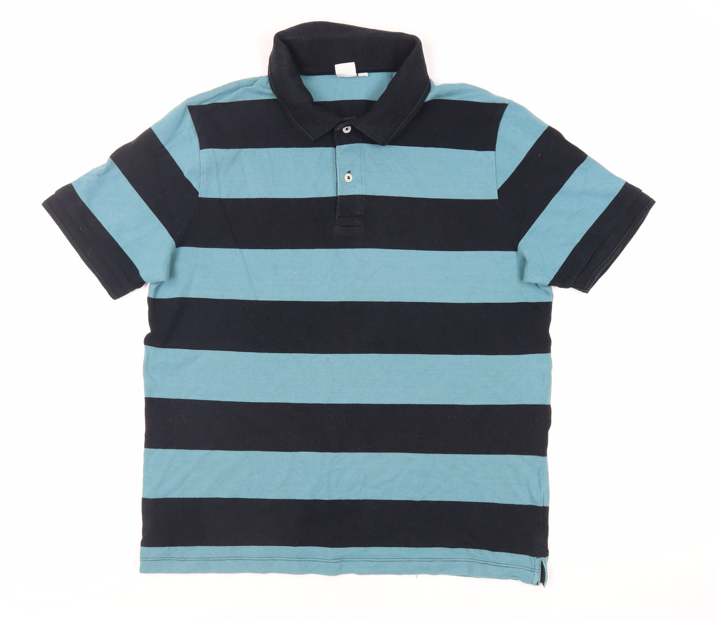 John Lewis Mens Blue Striped Cotton Polo Size L Collared Button