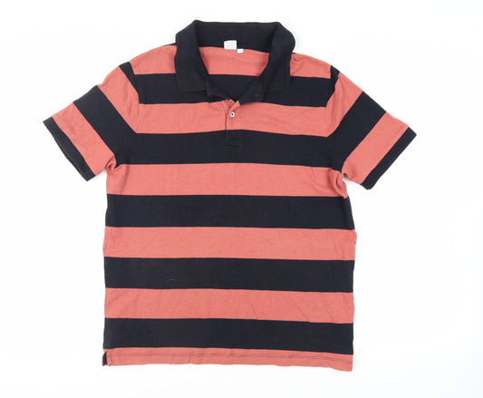 John Lewis Mens Black Striped Cotton Polo Size L Collared Button