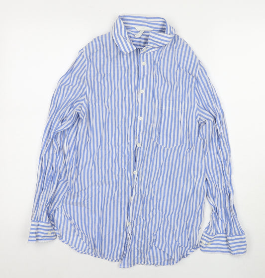 H&M Womens Blue Striped Cotton Basic Button-Up Size L Collared