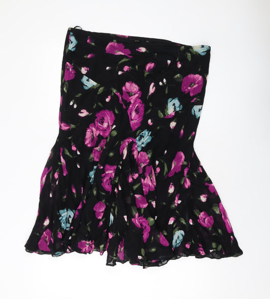 Per Una Womens Black Floral Polyester Skater Skirt Size 16 Zip