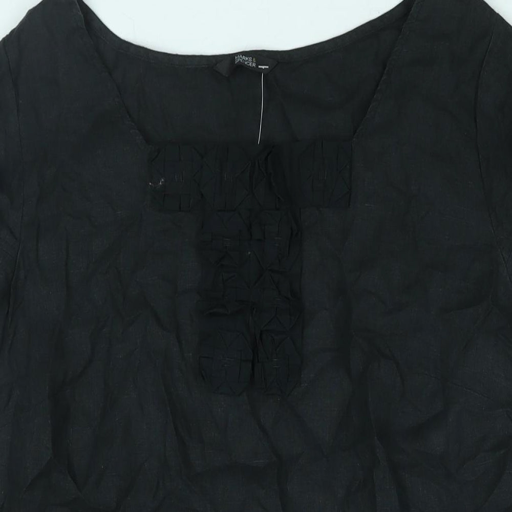 Marks and Spencer Womens Black Linen Tunic Blouse Size 20 Square Neck - Side Slits