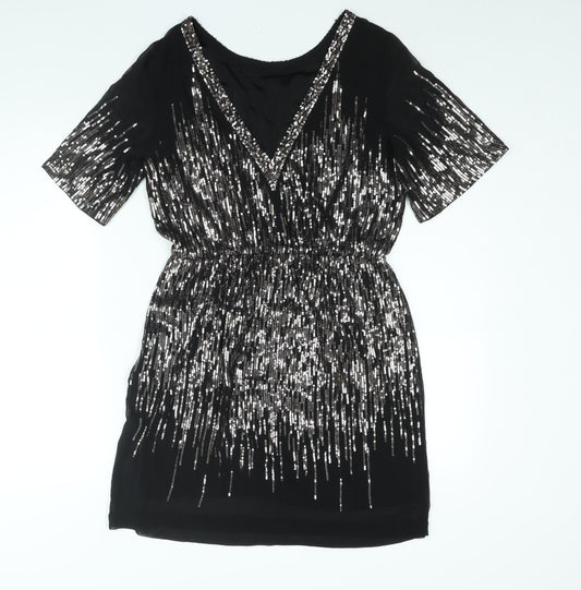 Warehouse Womens Black Polyester Shift Size 12 V-Neck Pullover - Sequin