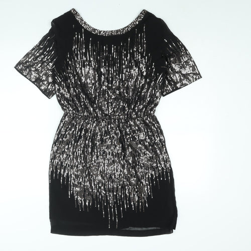 Warehouse Womens Black Polyester Shift Size 12 V-Neck Pullover - Sequin