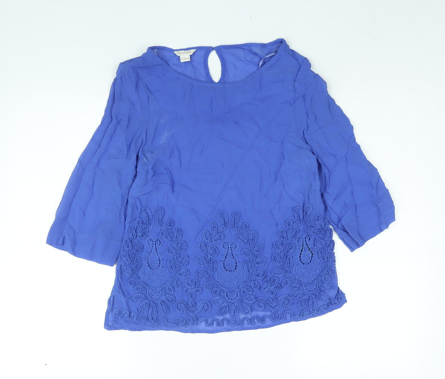 Monsoon Womens Blue Viscose Basic Blouse Size 10 Round Neck - Embroidered