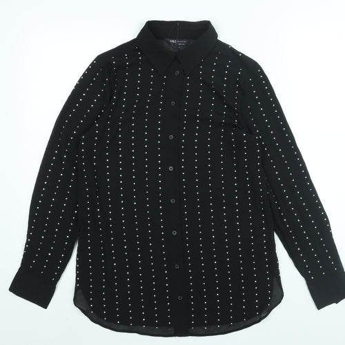 Marks and Spencer Womens Black Polyester Basic Button-Up Size 6 Collared - Studded