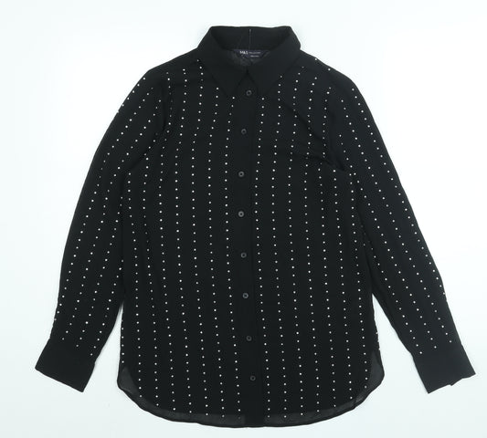 Marks and Spencer Womens Black Polyester Basic Button-Up Size 6 Collared - Studded