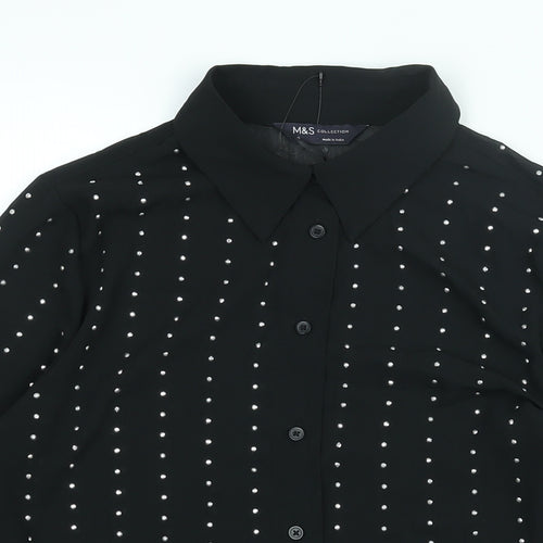 Marks and Spencer Womens Black Polyester Basic Button-Up Size 6 Collared - Studded