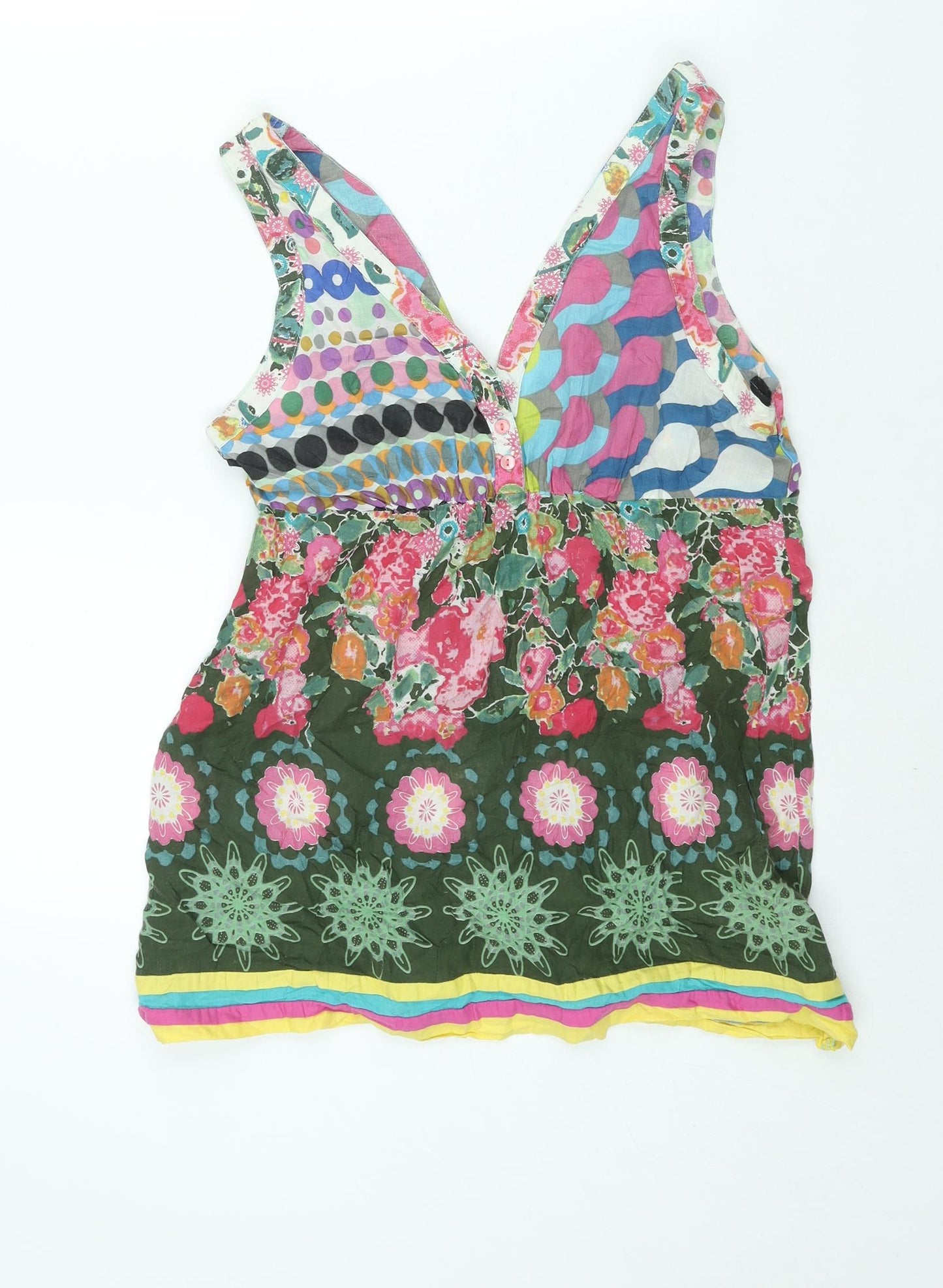 Desigual Womens Multicoloured Geometric Cotton Camisole Blouse Size L V-Neck