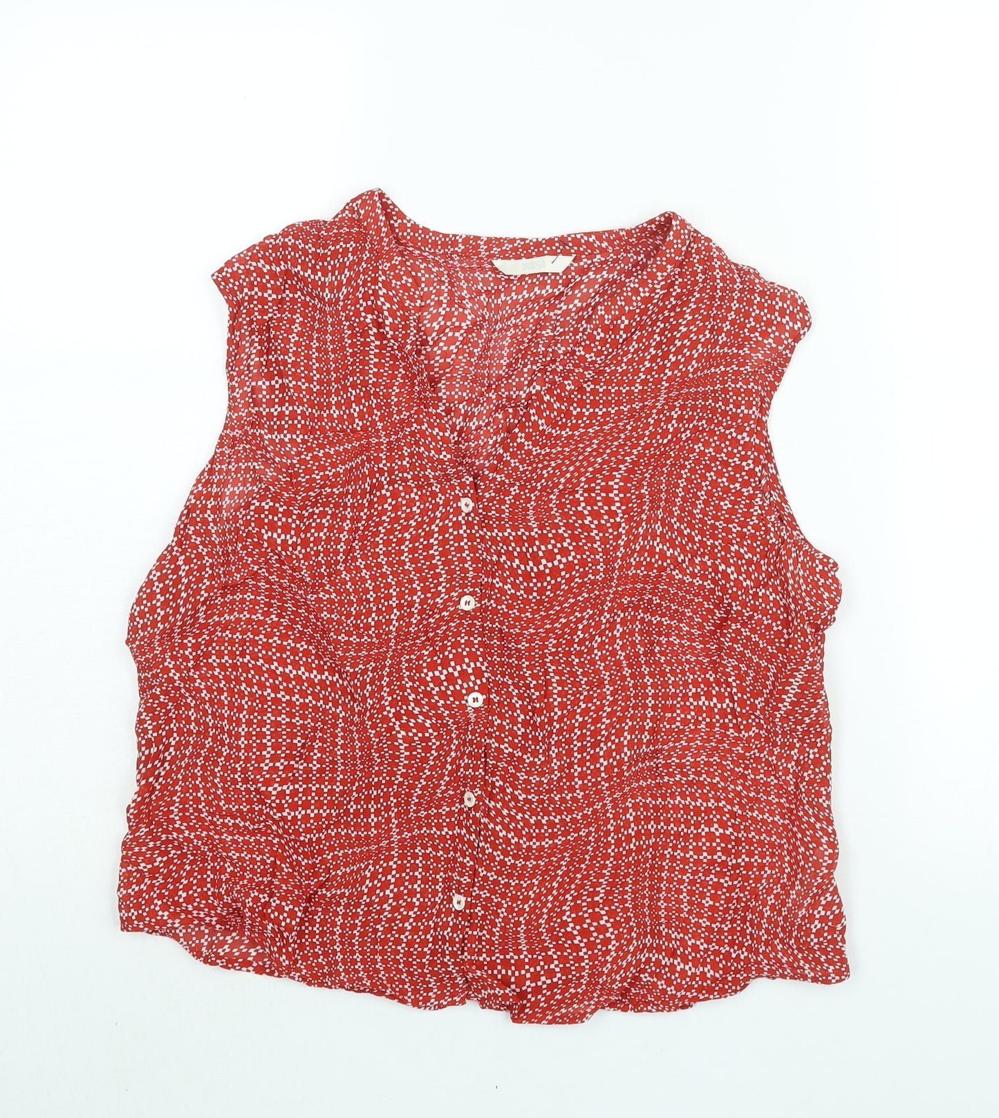 Marks and Spencer Womens Red Geometric Polyester Basic Blouse Size 16 V-Neck