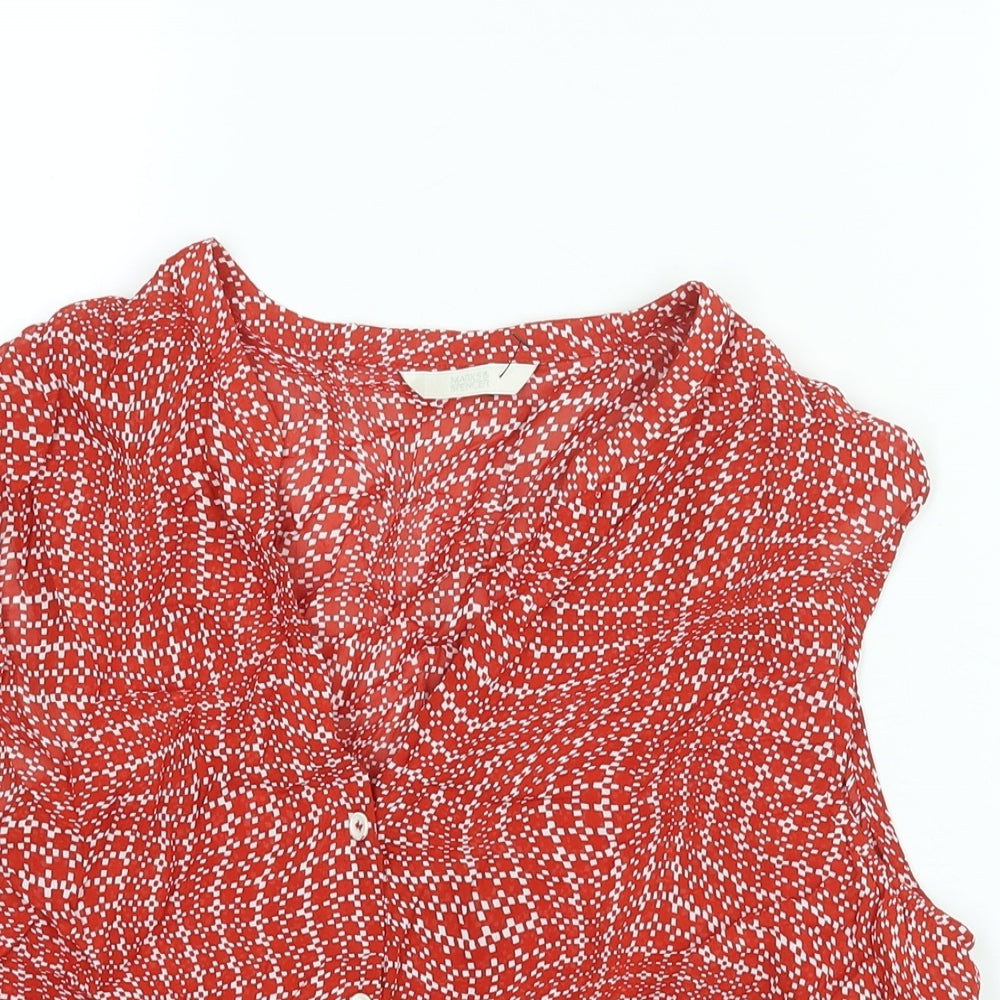 Marks and Spencer Womens Red Geometric Polyester Basic Blouse Size 16 V-Neck