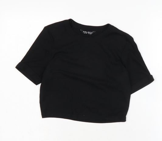 Select Womens Black Cotton Cropped T-Shirt Size 10 Cowl Neck