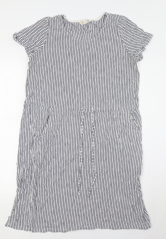 BHS Womens White Striped Cotton A-Line Size 12 Round Neck - Pull Waist