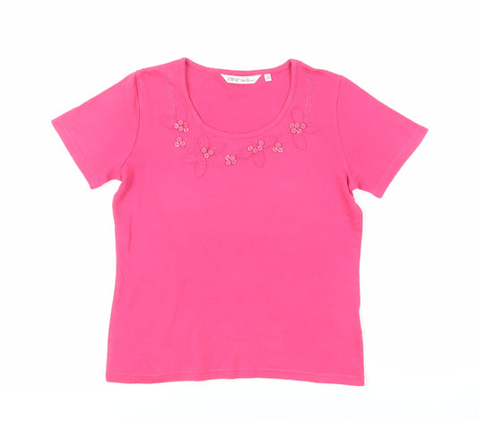 EWM Womens Pink Cotton Basic T-Shirt Size 10 Round Neck - Neckline Detail