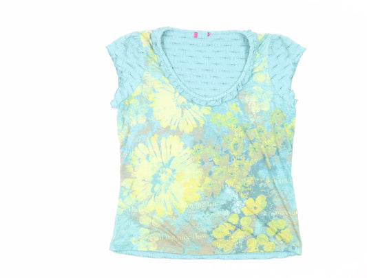 Per Una Womens Blue Floral Polyester Basic T-Shirt Size 18 Scoop Neck