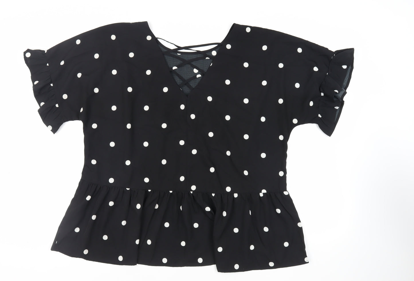 Boohoo Womens Black Polka Dot Polyester Basic Blouse Size 22 Round Neck - Peplum