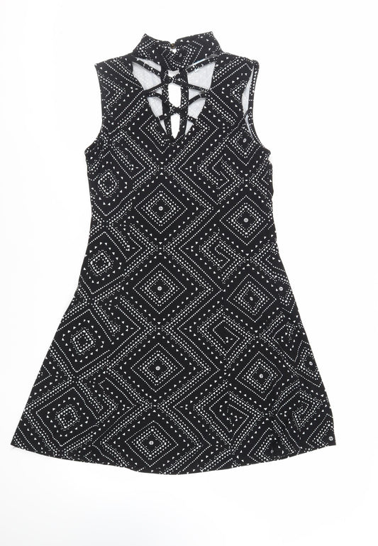 Blue Vanilla Womens Black Geometric Polyester Skater Dress Size 12 Halter Button