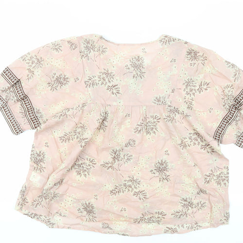 Per Una Womens Pink Floral Cotton Basic Blouse Size 16 Round Neck - Keyhole Neckline