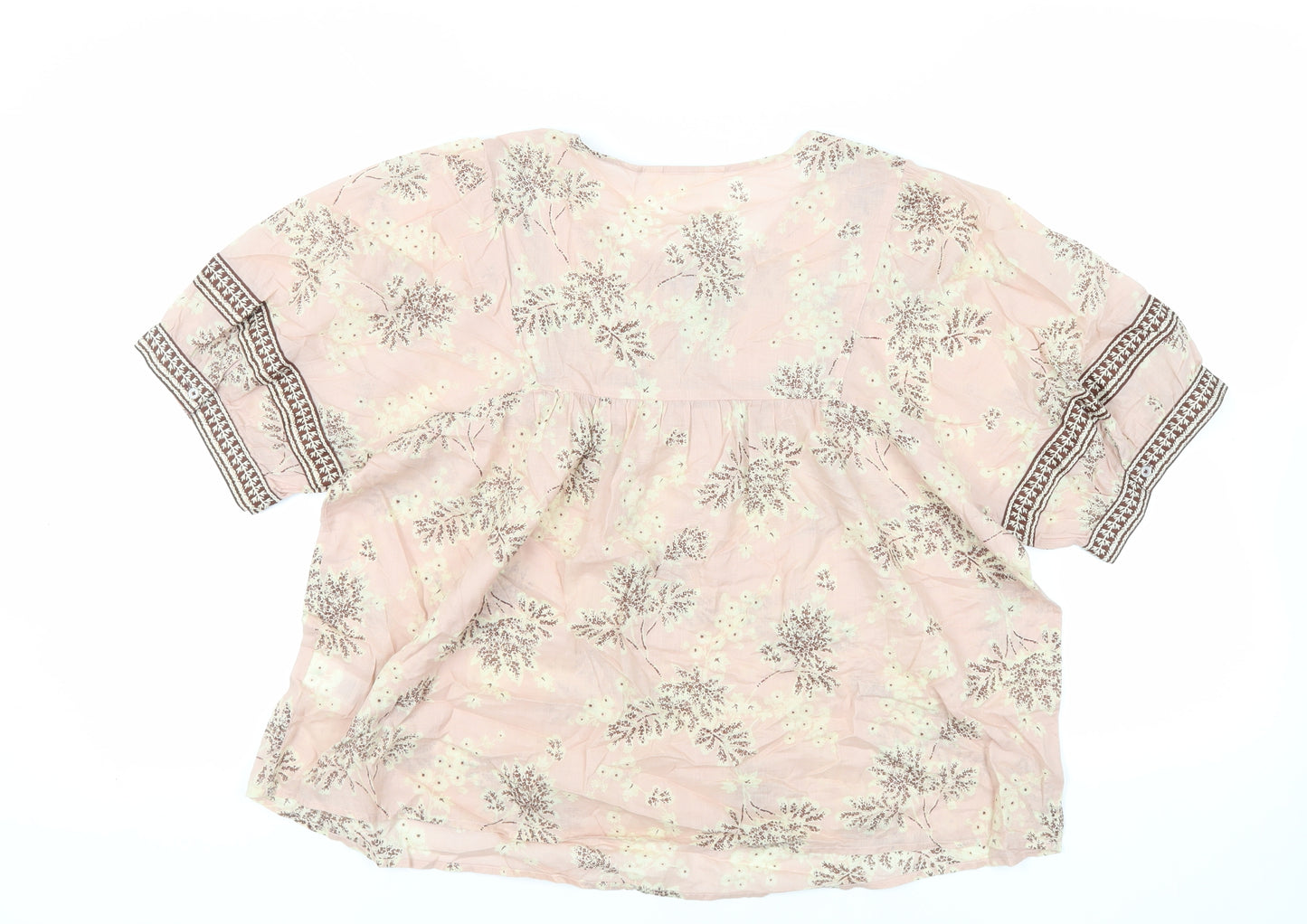 Per Una Womens Pink Floral Cotton Basic Blouse Size 16 Round Neck - Keyhole Neckline