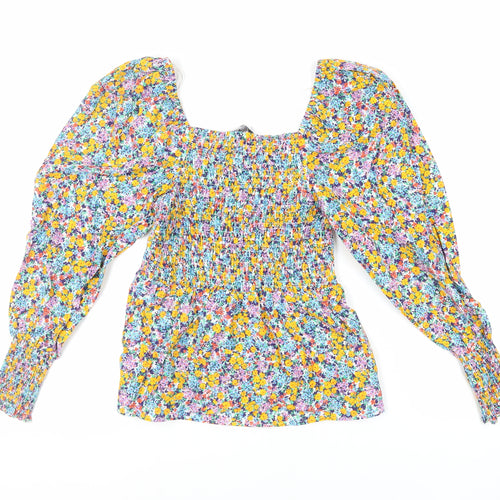 Marks and Spencer Womens Multicoloured Floral Cotton Basic Blouse Size 6 Square Neck - Shirred