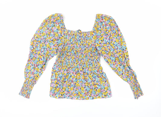 Marks and Spencer Womens Multicoloured Floral Cotton Basic Blouse Size 6 Square Neck - Shirred