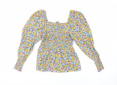 Marks and Spencer Womens Multicoloured Floral Cotton Basic Blouse Size 6 Square Neck - Shirred