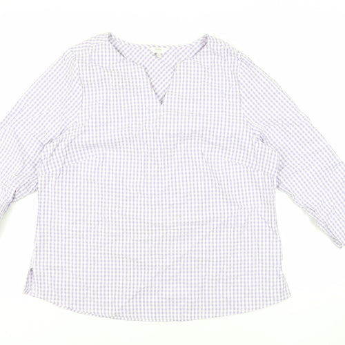 Cotton Traders Womens Purple Check Cotton Basic Blouse Size 14 V-Neck