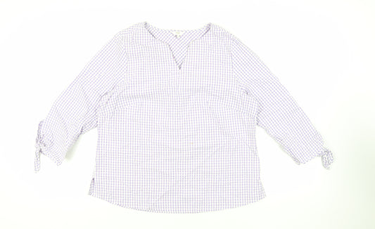 Cotton Traders Womens Purple Check Cotton Basic Blouse Size 14 V-Neck