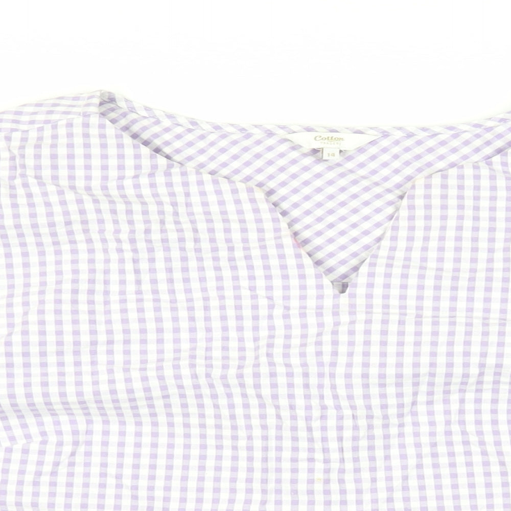 Cotton Traders Womens Purple Check Cotton Basic Blouse Size 14 V-Neck