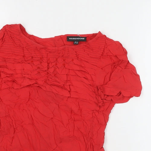 Warehouse Womens Red Viscose Basic Button-Up Size 6 Round Neck