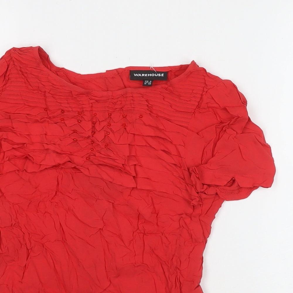 Warehouse Womens Red Viscose Basic Button-Up Size 6 Round Neck