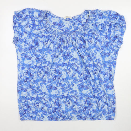 BHS Womens Blue Floral Cotton Basic T-Shirt Size 22 Round Neck