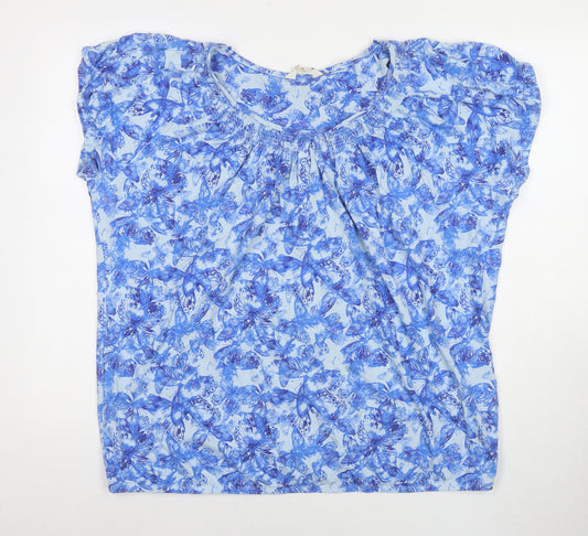 BHS Womens Blue Floral Cotton Basic T-Shirt Size 22 Round Neck