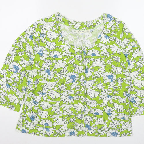 Adini Womens Green Floral Cotton Basic Button-Up Size L Round Neck