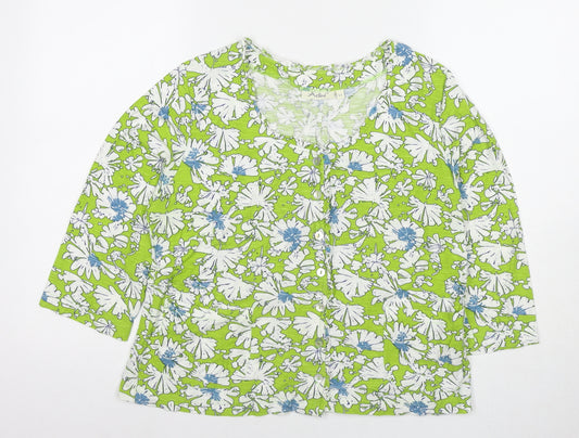 Adini Womens Green Floral Cotton Basic Button-Up Size L Round Neck