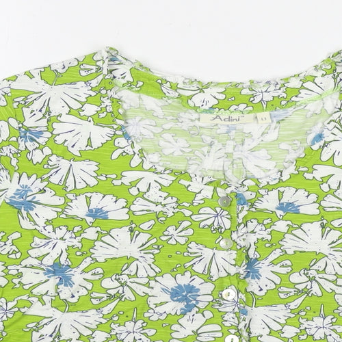 Adini Womens Green Floral Cotton Basic Button-Up Size L Round Neck