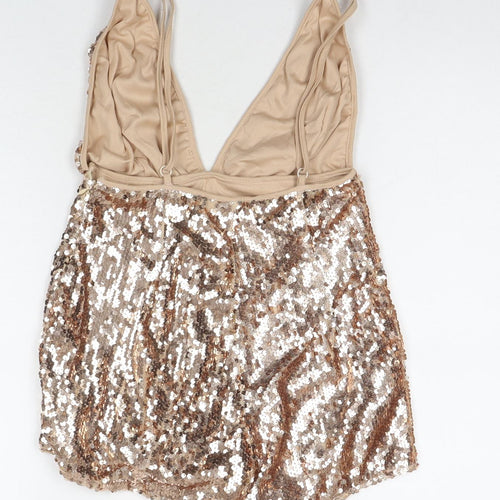 In the Style Womens Beige Geometric Polyester Playsuit One-Piece Size 6 L3 in Zip - Sequin Detail