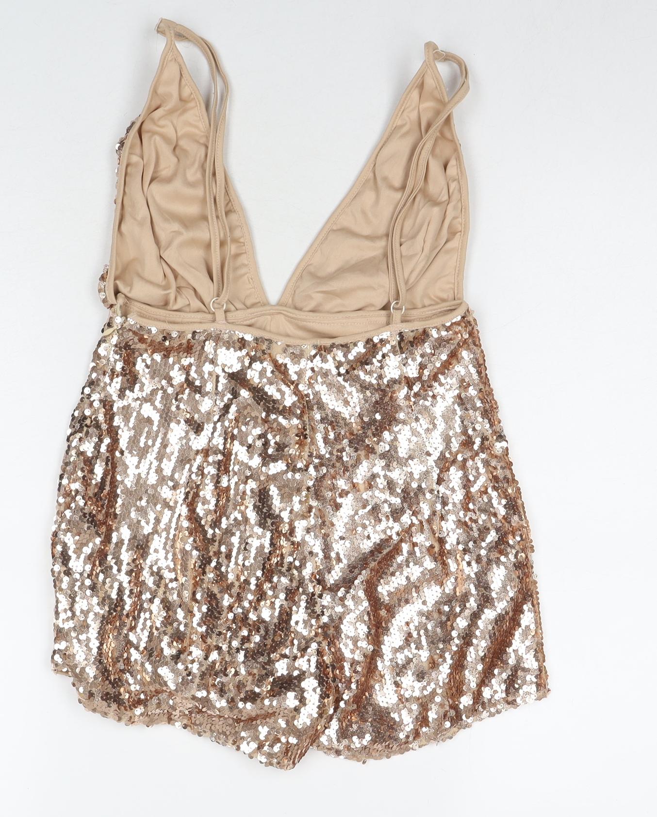 In the Style Womens Beige Geometric Polyester Playsuit One-Piece Size 6 L3 in Zip - Sequin Detail