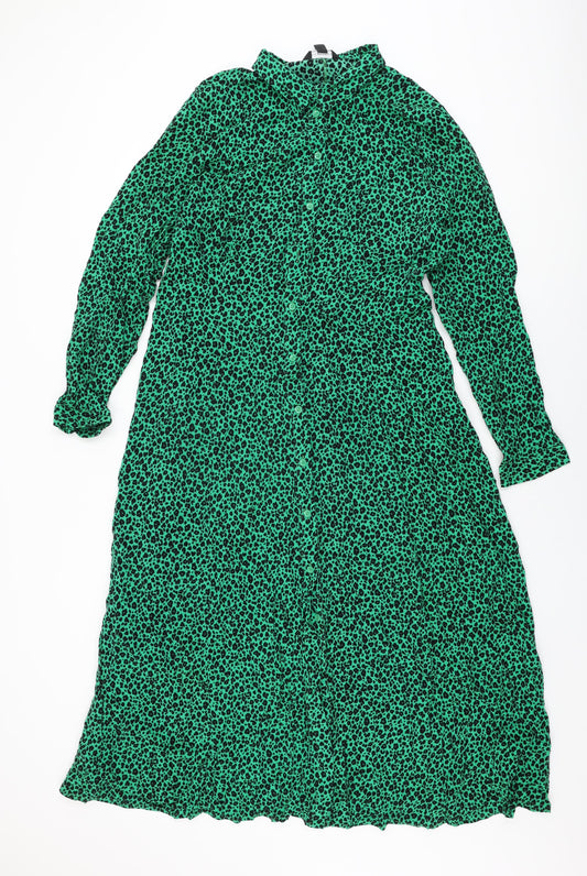 New Look Womens Green Animal Print Viscose Shirt Dress Size 18 Collared Button