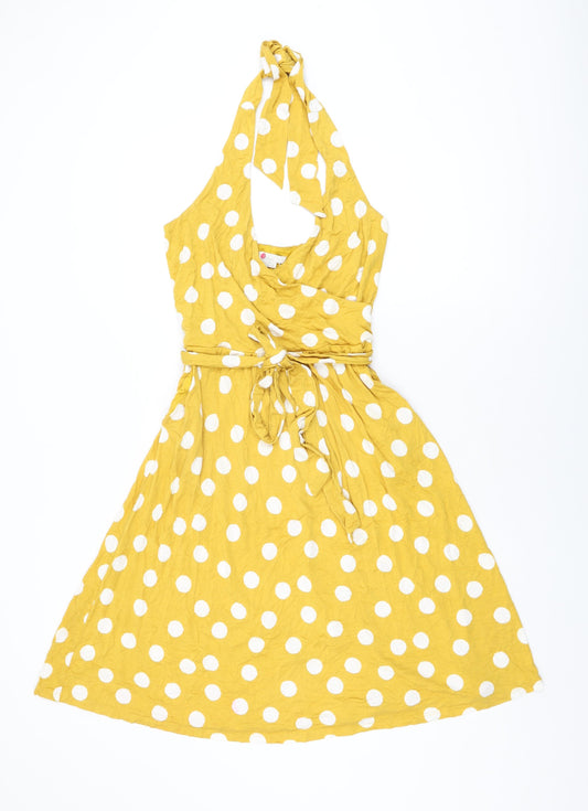 Boden Womens Yellow Polka Dot Cotton A-Line Size 12 Halter Tie